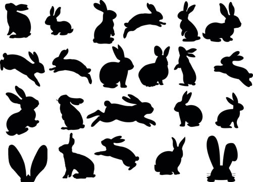 白い背景に黒いウサギのシルエットが15匹、さまざまなポーズで描かれたベクターイラストです。ウサギはかわいくてシンプルです。この画像は春やイースターのプロジェクトにぴったりですし、自然の喜びを祝うプロジェクトにも最適です。 
