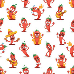 Vibrant Seamless Pattern Featuring Cartoon Playful Hot Mexican Pepper Characters In Various Poses And Expressions