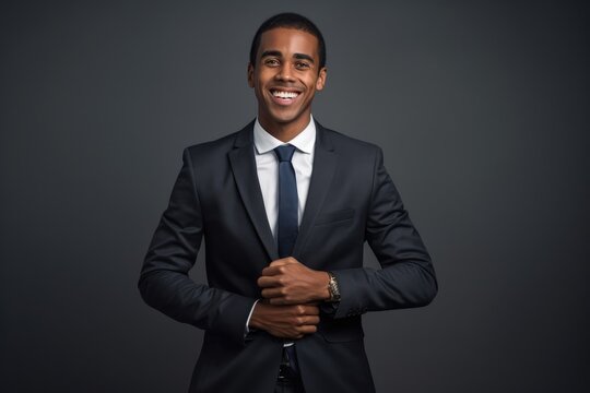 portrait of young businessman black skin in smile or happy expression on studio shoot grey background
