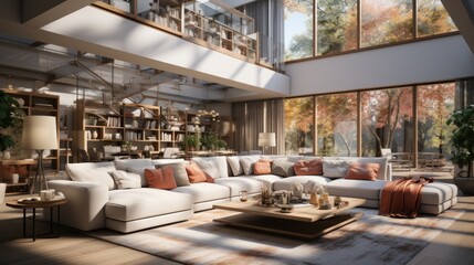 Modern living room interior in luxury open to below house. Hardwood floor, comfortable white corner sofa, coffee table, bookcases. Floor-to-ceiling windows with garden view. Contemporary home decor.