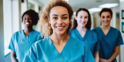 Portrait of young female doctor, nurse, with diverse colleagues in the background