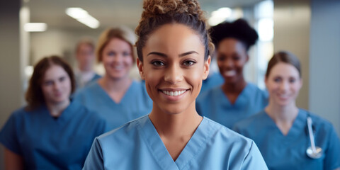 Portrait of young African American female doctor, nurse, with diverse colleagues in the background - 639925444