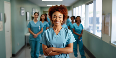 Portrait of young African American female doctor, nurse, with diverse colleagues in the background - 639925447