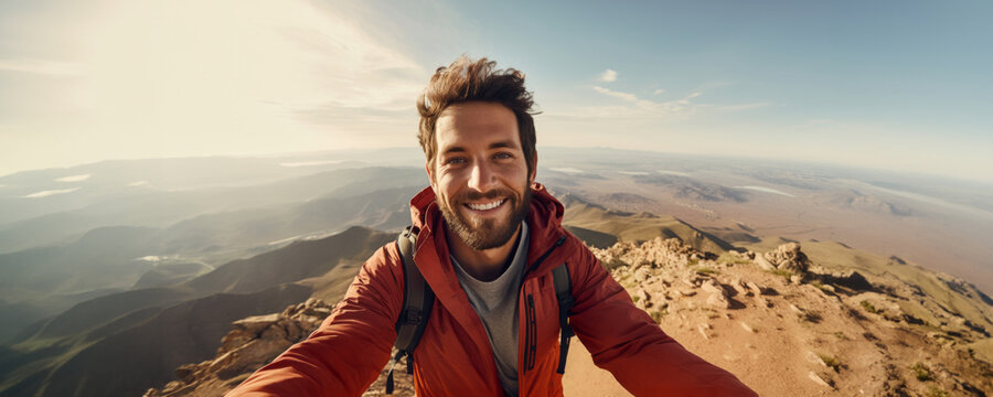 Young hiker man taking self portrait on the top of mountain