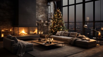 Interior of modern cozy luxurious loft style studio with Christmas decor. Blazing fireplace, burning candles, elegant Christmas tree, comfortable couches, home decor, panoramic windows with city view.