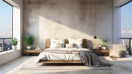 Minimalist interior of modern luxury loft bedroom. Concrete grunge walls, rough wooden bed and side tables, decorative vases with plants, home decor, panoramic windows. Template, 3D rendering.