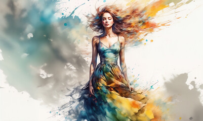 ドレスを着た女性のカラフルなイメージイラスト  Illustration of colorful image of woman in dress - obrazy, fototapety, plakaty