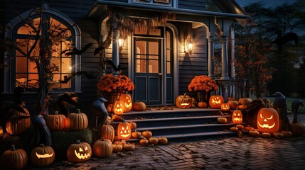 Obraz premium Haunted House at Night - Halloween Pumpkins & Decorations, generative Ai