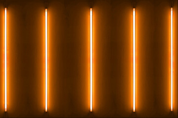 Five orange neon bulbs on white wall with glowing orange neon lights. texture background.