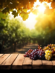 grape fruits green violet colour , blank empty copy space , wooden table top , grape garden background with summer mood , grape , grape fruit