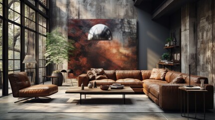 Loft style open space living area interior in luxury cottage. Grunge walls, leather corner sofa and armchair, coffee table, large abstract painting, home decor, panoramic windows with park view.