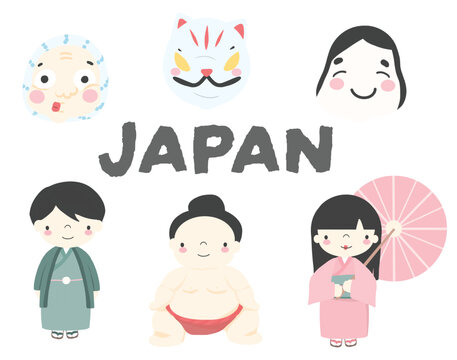 set of Japanese characters people and mask, Vector