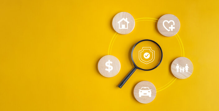 insurance, health, asset, financial, family, investment, life, assurance, supporting, health-care. middle of picture has magnifier to select insurance retirement plan, explore the best insurance.