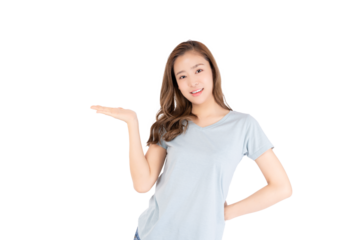 Happy beautiful young asian woman blue background holding copy space imaginary on beauty palm for insert advertisement looking at camera happiness and smiley face Attractive beautiful girl portrait