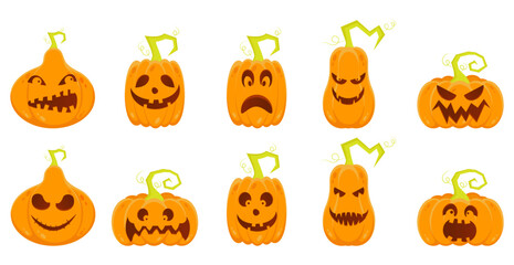 Halloween pumpkin with different scary faces set