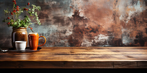 A long wooden table with a classic colored wall backdrop. On the left is a tea set as an accessory.