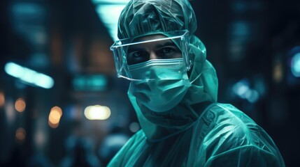 Close-up shot of male doctor wearing mask.