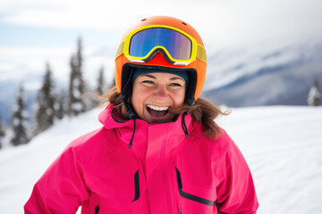 Fototapeta na wymiar Beautiful woman smiling at the ski resort.