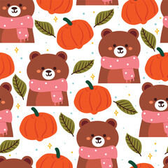 seamless pattern cartoon bear, leaves and autumn vibes element. cute autumn wallpaper for holiday. design for fabric, flat design, gift wrap paper 