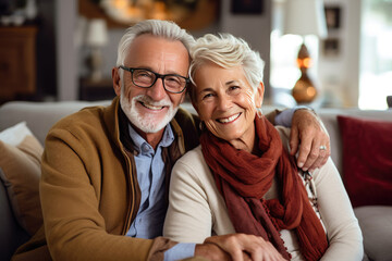 american elderly couple feeling happy smiling and looking to camera while relax in living room at...