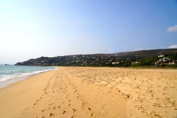 sandy beach and luxurious villas at the Playa Los Alemanes, Atlanterra, Costa de la Luz, Atlanterra, Andalusia, Spain