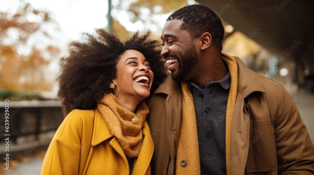 Sticker Portrait of a happy African American couple laughing together outdoors