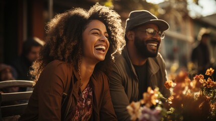 Couple enjoying a joyful moment while sitting outside with vibrant flowers during golden hour in a bustling urban setting