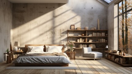 Minimalist interior of modern luxury bedroom. Concrete grunge walls, rough wooden bed and side tables, bookshelves, home decor, panoramic window with garden view. Template, 3D rendering.