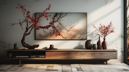 Front view of modern luxury japandi living room. Gray wall and wooden floor, large painting with landscape, console with decorative vases and sakura branches, home decor. Mockup, 3D rendering.