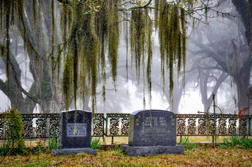 Spooky southern cemetery in fog.