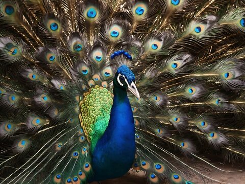 beautiful male peacock with its feathered extended