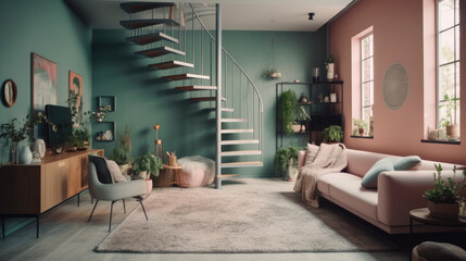Modern living room with comfortable sofa, pastel colored walls, large windows, stairs to the second floor. A combination of dusty pink and shades of green. Trendy color combination. - obrazy, fototapety, plakaty