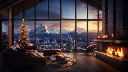 Interior of cozy living room in modern minimalist cottage with Christmas decor. Blazing fireplace, burning candles, elegant Christmas tree, comfortable sofa, panoramic window with mountains view.