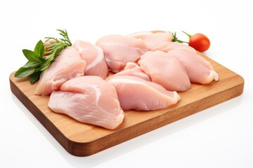 raw chicken pieces on wooden chop board white background