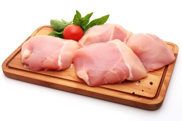 raw chicken pieces on wooden chop board white background