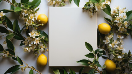Easter, wedding greeting card mockup with lemons and jasmine flowers