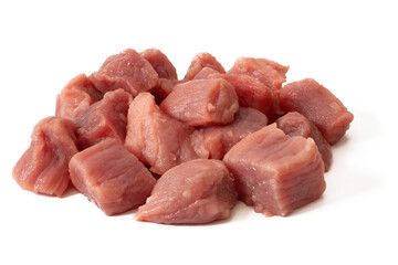 A handful of pieces of raw beef for stew, isolated on a white background. Ideal for goulash.