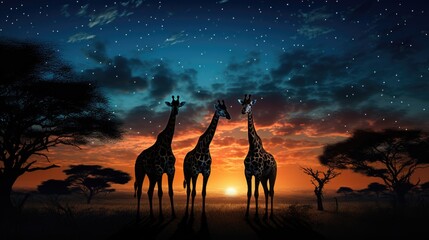 giraffes at sunset