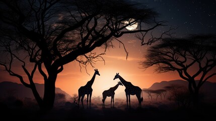 Fototapeta na wymiar giraffes at sunset