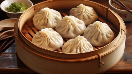Steamed Xiao Long Bao (Soup Dumplings) in The Bamboo Basket. Served in Restaurant in Taipei, Taiwan.