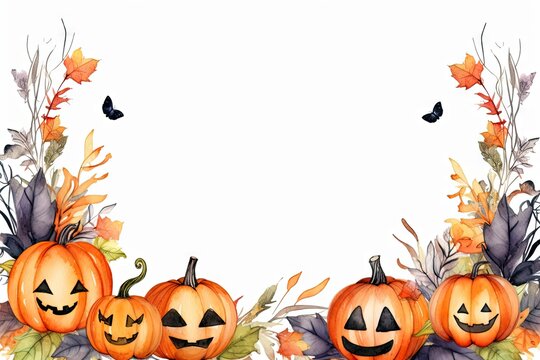 Halloween creepy frame with Jack o Lantern pumpkins and fall autumn leaves. Watercolor cartoon background template