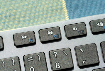 Sound control top f function keys, music audio volume control buttons on a modern computer keyboard, object detail macro extreme closeup, nobody, no people. PC audio simple concept. Vol up, down, mute