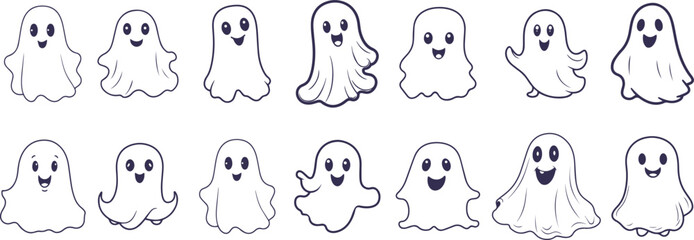 Set of cute funny happy ghosts. Childish spooky boo characters for kids. Magic scary spirits with different emotions and face expressions. Isolated flat cartoon vector illustrations. ghost's element