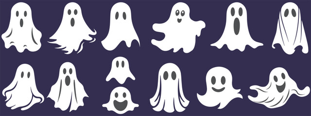 Set of cute funny happy ghosts. Childish spooky boo characters for kids. Magic scary spirits with different emotions and face expressions. Isolated flat cartoon vector illustrations. ghost's element
