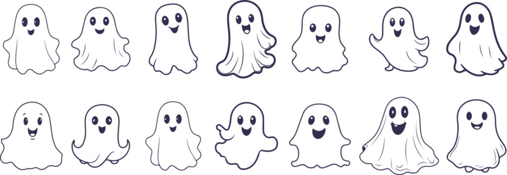 Set of cute funny happy ghosts. Childish spooky boo characters for kids. Magic scary spirits with different emotions and face expressions. Isolated flat cartoon vector illustrations. ghost's element