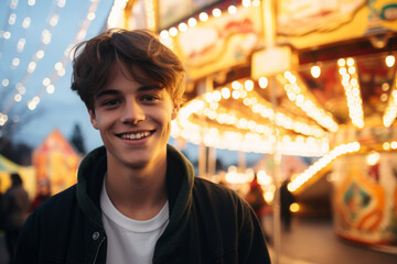 Fototapeta na wymiar Young happy smiling teenage boy at a carnival with colorful carousel ride in background , fair or funfair concept image