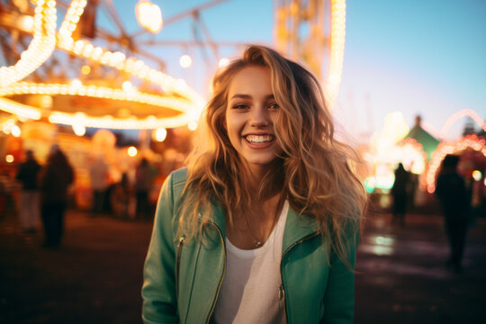 Young happy smiling teenage girl at a carnival with colorful carousel ride in background , fair or funfair concept image