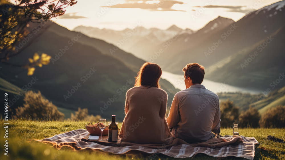 Wall mural Young lovely couple having picnic in mountains landscape with view on nature and lake