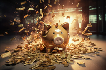 Financial crisis, picture of a exploding broken piggy bank depicting bankruptcy, loss of investment and the economic stress of economy