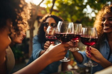 Friends toasting red wine glass and having fun cheering at winetasting experience. Young people enjoying harvest time together outside at farm house vineyard countryside.